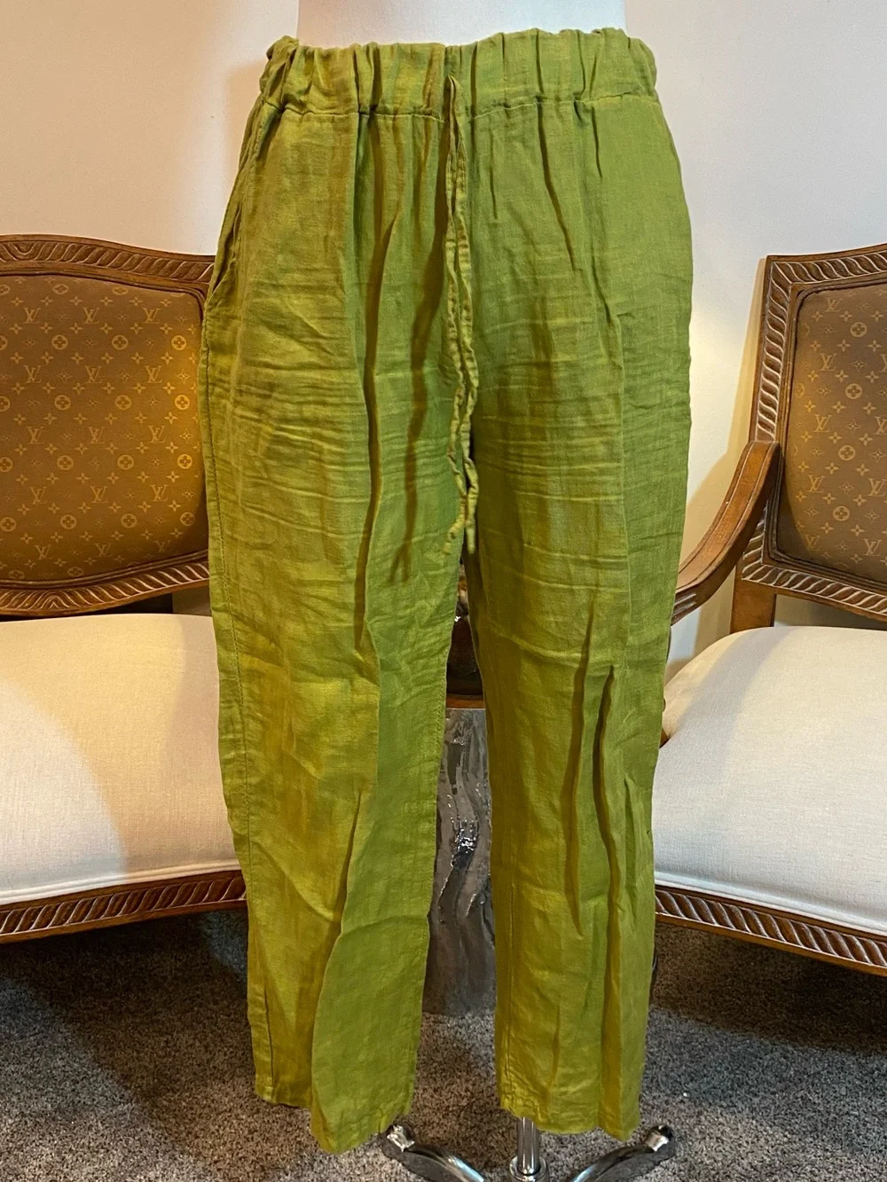 Lime Green 100% Linen Tunic & Pants Set Made in Italy Asymmetric Wide-Leg Boho